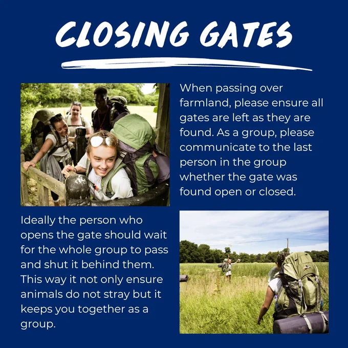 
When passing over farmland, please ensure all gates are left as they are found. As a group, please communicate to the last person in the group whether the gate was found open or closed. Ideally the person who opens the gate should wait for the whole group to pass and shut it behind them. This way it not only ensure animals do not stray but it keeps you together as a group.
