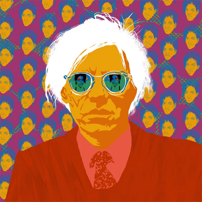 An illustration of the artist Andy Warhol wearing a red blazer and red tie. His sunglasses are tinted green and in the lenses you can see a depiction of the photograph of Prince that he based his portraits on. The background of the illustration shows a version of Warhol’s portraits, repeated over and over again.