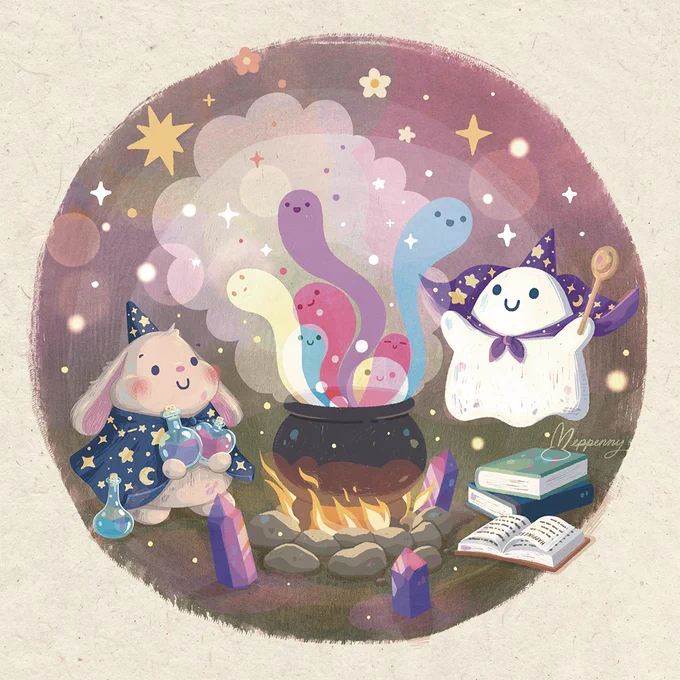 Illustration by Yeppenny Doodles LLC of a wizard ghost and their bunny apprentice conjuring happy spirits in a cauldron