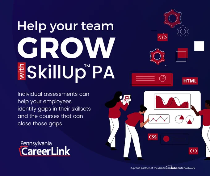 Dark blue background with workers collaborating over an interactive whiteboard. Text: Help your team grow with SkillUp™ PA! Individual assessments can help your employees identify gaps in their skillsets and the courses that can close those gaps.