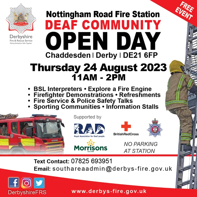 A poster for the Deaf Community Open Day at Nottingham Road Fire Station on Thursday 24th August between 11am and 2pm