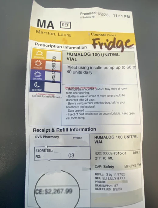 CVS receipt for 7 vials of Humalog insulin priced at $2,267.99.