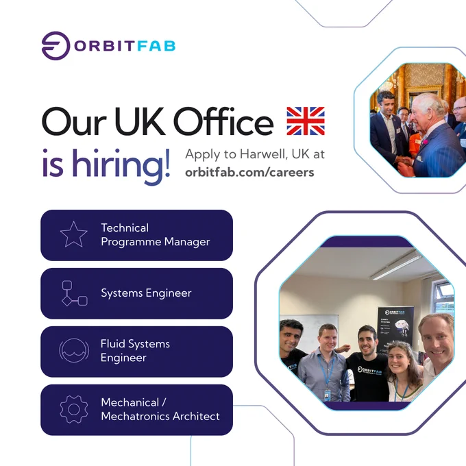 Text says our UK Office is hiring. Apply to Harwell, UK at orbitfab.com/careers

Group selfie of the UK team standing in their office

Image of Manny at Buckingham Palace where His Majesty King Charles III unveiled the Astra Carta seal

List of 4 desired positions