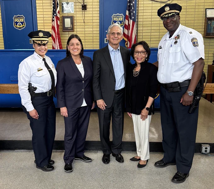 From Left to Reft: Danielle Outlaw, Philadelphia Police Commissioner, Jacqueline Romero, United States Attorney for the Eastern District of Pennsylvania, Merrick Garland, Attorney General of the United States, JoAnne Epps, Acting President and Captain Michael Goodson