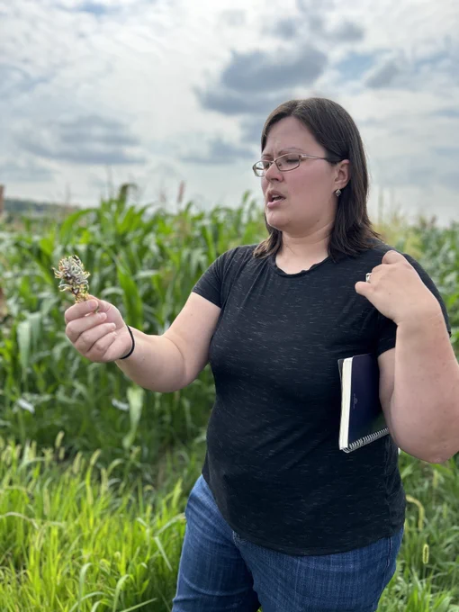 Dr. Addie Thompson explains research methods to science teachers at her maize nursery on Michigan State University's agronomy farm as part of the Nourish the Future professional learning event. 