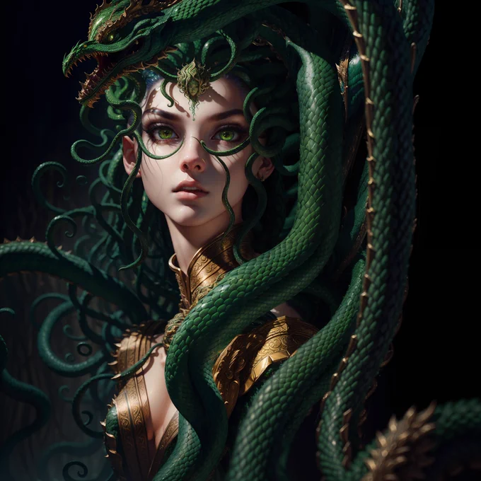 ((best quality)), ((masterpiece)), ((realistic)), Medusa, full body, the hair is composed of countless small snakes, green eyes, female face, metal carved top, royal aura, trend on artstation , sharp focus, studio photo, intricate detail, very detailed, detailed eye, illustration, very detailed, sharp focus, digital render, professional, 4k
