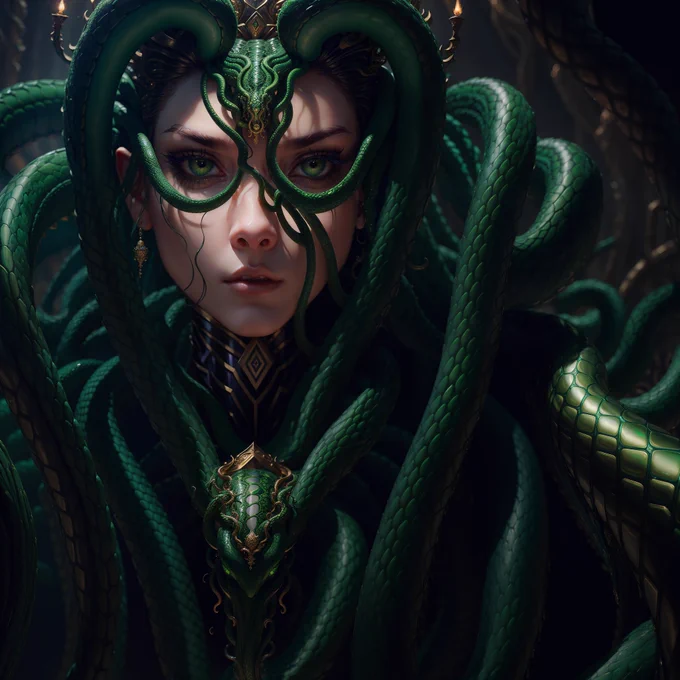 ((best quality)), ((masterpiece)), ((realistic)), Medusa, full body, the hair is composed of countless small snakes, green eyes, female face, metal carved top, royal aura, trend on artstation , sharp focus, studio photo, intricate detail, very detailed, detailed eye, illustration, very detailed, sharp focus, digital render, professional, 4k