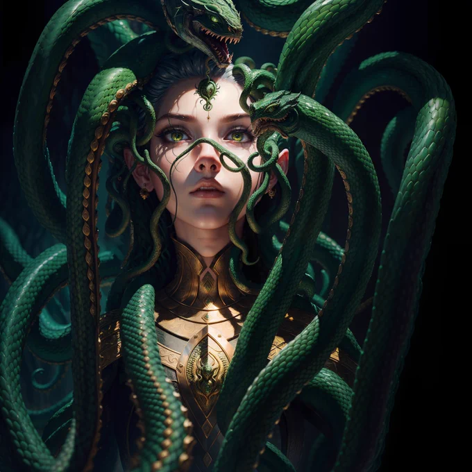 ((best quality)), ((masterpiece)), ((realistic)), Medusa, full body, the hair is composed of countless small snakes, green eyes, female face, metal carved top, royal aura, trend on artstation , sharp focus, studio photo, intricate detail, very detailed, detailed eye, illustration, very detailed, sharp focus, digital render, professional, 4k