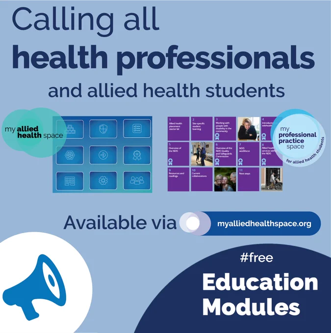 An image with the words: Calling all health professionals and allied health students. 

There are 2 screenshots underneath. The image on the left shows the Learning Management System (LMS) of My Allied Health Space.  The image on the right shows the LMS of My Professional Practice Space, for allied health students.

Underneath that are the words: Available via myalliedhealthspace.org.