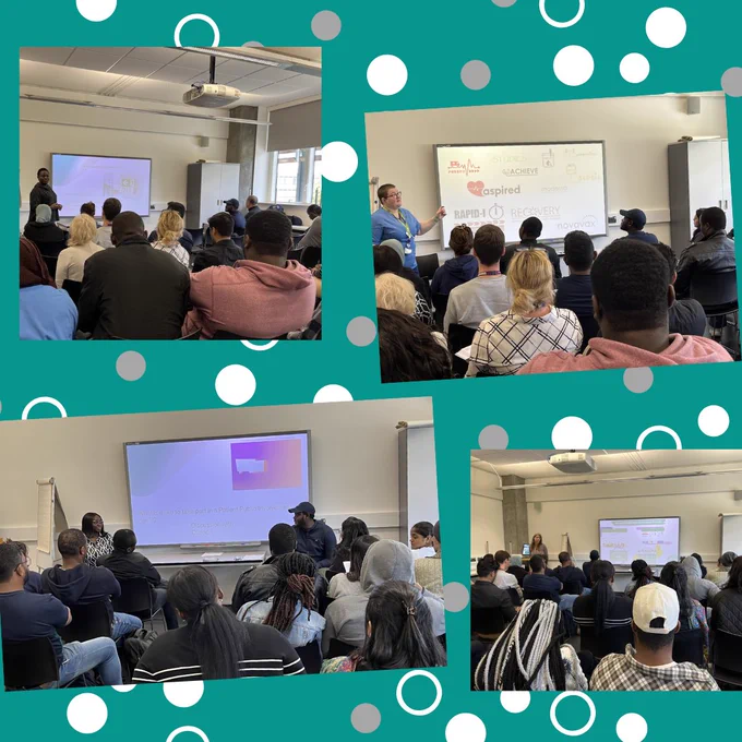 4 photos of the event showing the different speakers presenting.