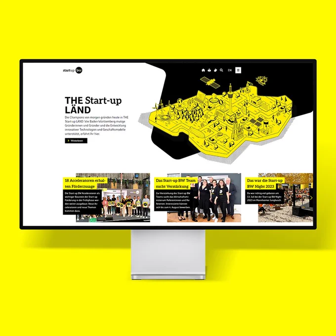 Monitor mit der neuen Website von Start-up BW - www.startupbw.de.