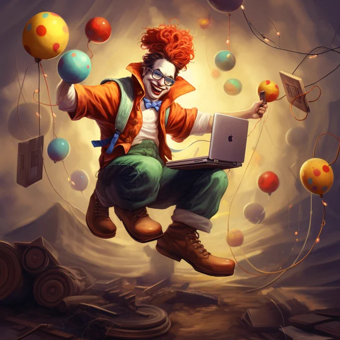Clown on laptop juggling balls to signify juggling metrics for your API