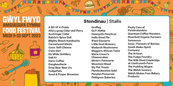An orange graphic featuring a list of food and drink stalls 