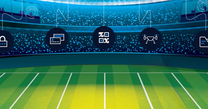 Campo da calcio con icone cybersecurity