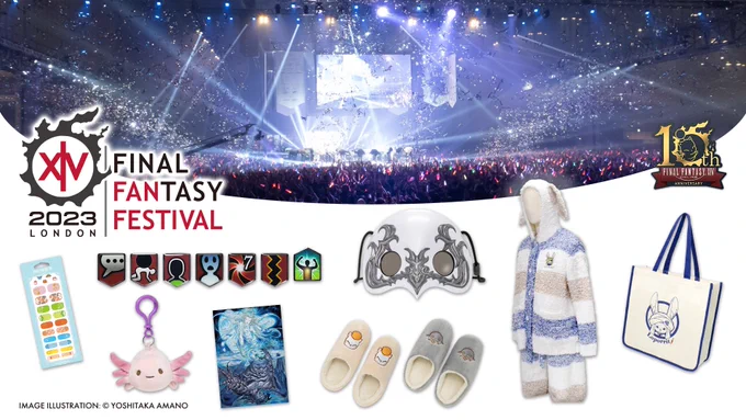 A banner for commemorative merchandise to celebrate the Final Fantasy 14 Fan Festival 2023-2024. Banner shows multiple products, including stickers, status debuff pins, an axolotl plush keychain, Endwalker artwork acrylic block, two pairs of slippers, a white Ascian mask, fleece pajamas with ears, and a tote bag.