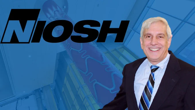 Photo of Lex Schultheis with a blue transparent background of Clark Hall's Bob's Fischell stent device pillar. On the side is Niosh's logo in black. 