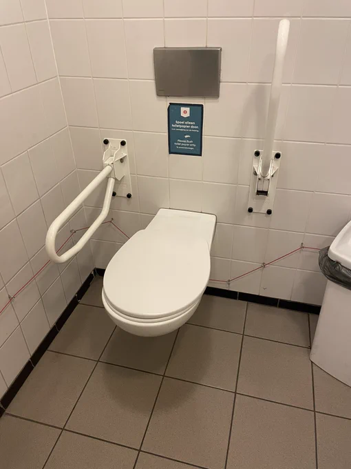 Image of wheelchair accessible toilet in Holland with the alarm cord slightly off the floor around the room.