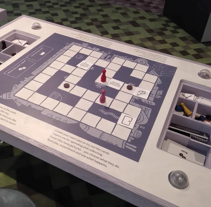 Pawns and counters on a spaceship-themed boardgame board.