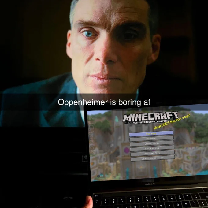 Photoshopped image of a person playing Minecraft: PlayStation 4 Edition on a laptop while watching Oppenheimer in a cinema.