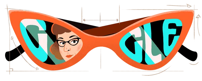 Illustration of orange cat-eye glasses with the Google logo positioned within the lenses. Altina Schinasi's face stands in for the second "o", peering out from within the left frame. She has fair skin, short brown hair, and is wearing cat-eye glasses. Design sketch lines surround the glasses.