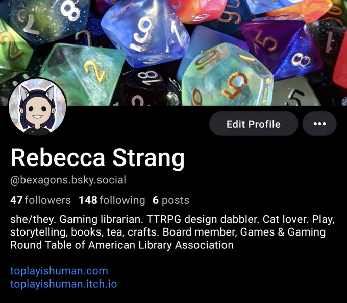 Screenshot of bluesky profile bio, username bexagons