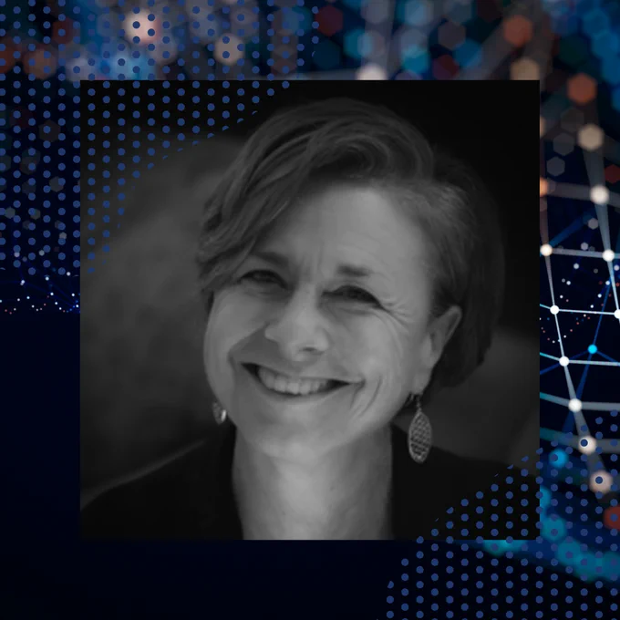 A woman, Johns Hopkins University Press Executive Director Barbara Kline Pope, in black and white surrounded by a border with a blue and white pixel pattern.