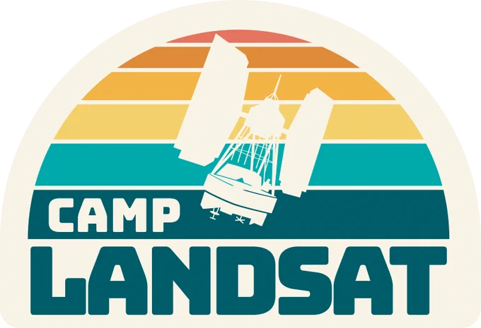Camp Landsat logo featuring the words "Camp Landsat" written in bold text underneath a silhouette of the Landsat 1 satellite.