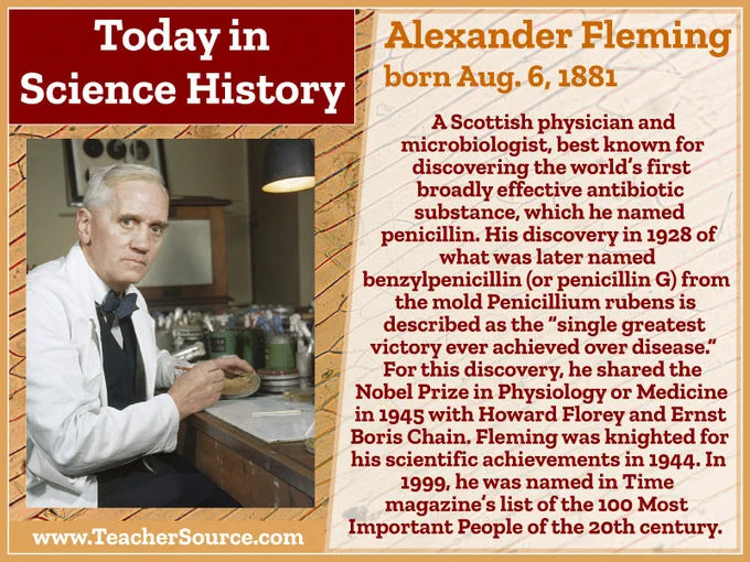 Alexander Fleming was born on August 6, 1881. A Scottish physician and microbiologist, best known for discovering the world's first broadly effective antibiotic substance, which he named penicillin. His discovery in 1928 of what was later named benzylpenicillin (or penicillin G) from the mold Penicillium rubens is described as the "single greatest victory ever achieved over disease". For this discovery, he shared the Nobel Prize in Physiology or Medicine in 1945 with Howard Florey and Ernst Boris Chain. Fleming was knighted for his scientific achievements in 1944. In 1999, he was named in Time magazine's list of the 100 Most Important People of the 20th century.