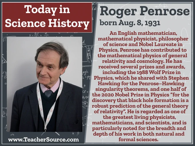 Roger Penrose was born on August 8, 1931. A British mathematician, mathematical physicist, philosopher of science and Nobel Laureate in Physics. Penrose has contributed to the mathematical physics of general relativity and cosmology. He has received several prizes and awards, including the 1988 Wolf Prize in Physics, which he shared with Stephen Hawking for the Penrose–Hawking singularity theorems, and one half of the 2020 Nobel Prize in Physics "for the discovery that black hole formation is a robust prediction of the general theory of relativity". He is regarded as one of the greatest living physicists, mathematicians, and scientists, and is particularly noted for the breadth and depth of his work in both natural and formal sciences.