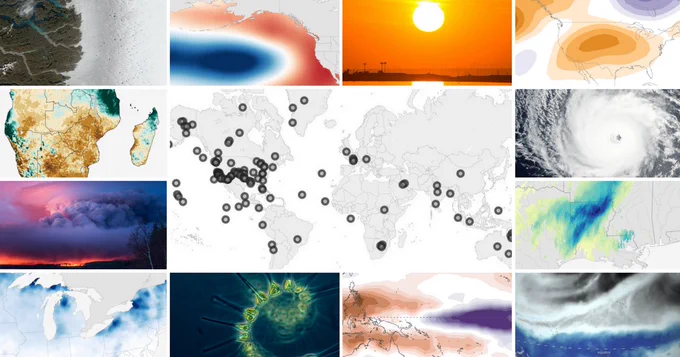 This image depicts climate.gov event tracker. The middle image shows where the events happen on a flat global map. The images surrounding the middle image depict certain weather and climate events and data such as warm and cold ocean temperatures, hurricanes, rainfall, etc.