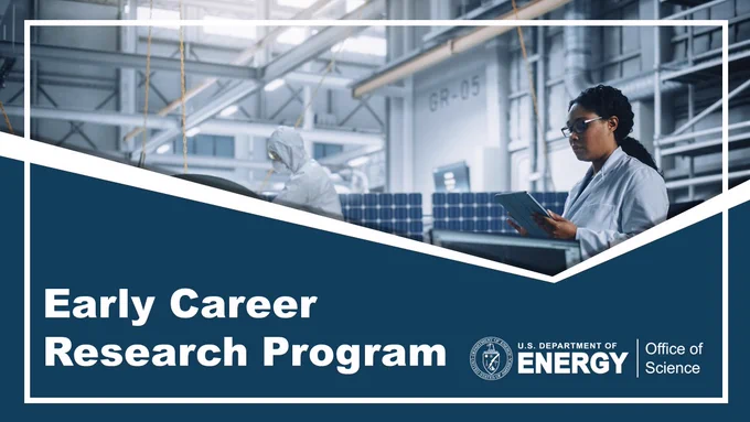 A researcher (a Black woman in a lab coat) walking in front of solar panels; text: Early Career Research Program