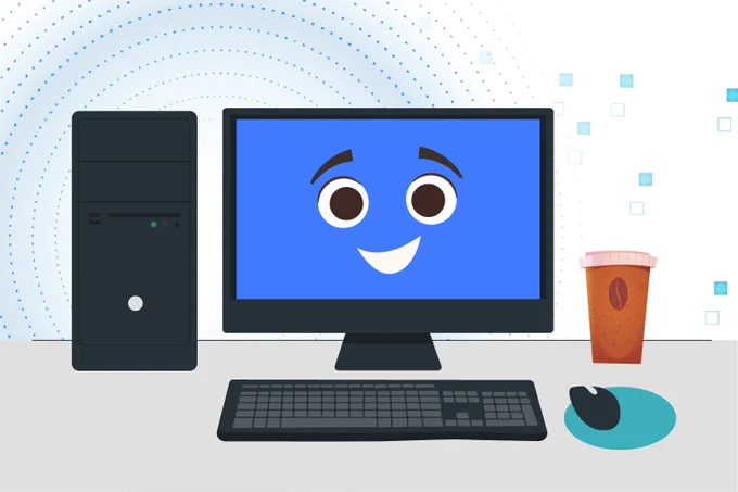 Cartoon desktop computer with a smiling face on the monitor.