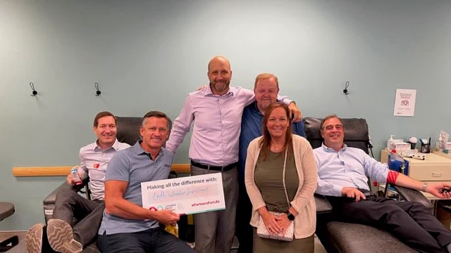 Leith Wheeler Investment Counsel staff (left to right) Daren Atkinson, Jon Palfrey, Andrew Hoffman, James Goodchild, Jana Luffman, and James Dungate donated blood at the Canadian Blood Services’ downtown clinic.