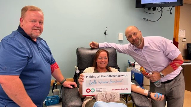 Leith Wheeler Investment Counsel staff (left to right) James Goodchild, Jana Luffman, and  Andrew Hoffman donated blood at the Canadian Blood Services’ downtown clinic.