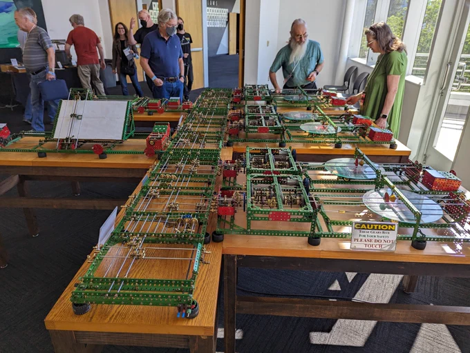 A model of Vannevar Bush’s 1931 differential analyzer – a mechanical analogue computer will be displayed.  The model is constructed entirely from Meccano construction set parts.  There's a sign next to it that reads "Caution These gears bite for your safety please do not touch"