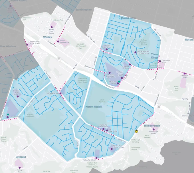A map showing the proposed changes with a large area of Puketāpapa local board area slated to be 30 km/h zones