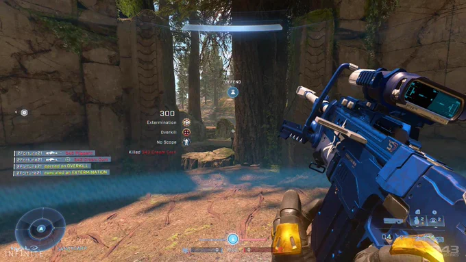 A first-person screenshot of a player getting an Overkill Extermination in a match of King of the Hill on Forest.