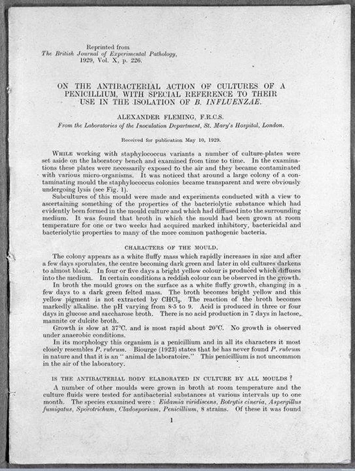 A scan of a paper by Alexander Fleming.