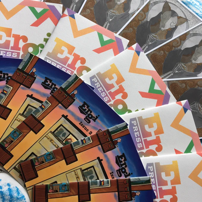 A flat lay of colourful Ergi Press publications