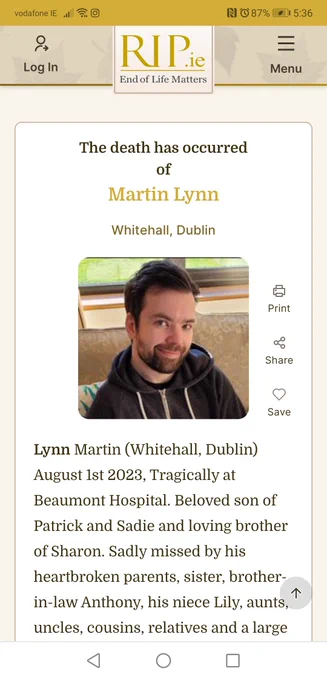Rip. ie notice of the untimely death of Martin Lynn my friend's brother. Photo of Martin smiling at the camera. Donations to Dogs Trust 