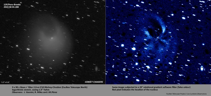 Pictures of a comet coma with a shape that looks like the Millenium Falcon, and enhanced version show 5 jets of concentrated material.
