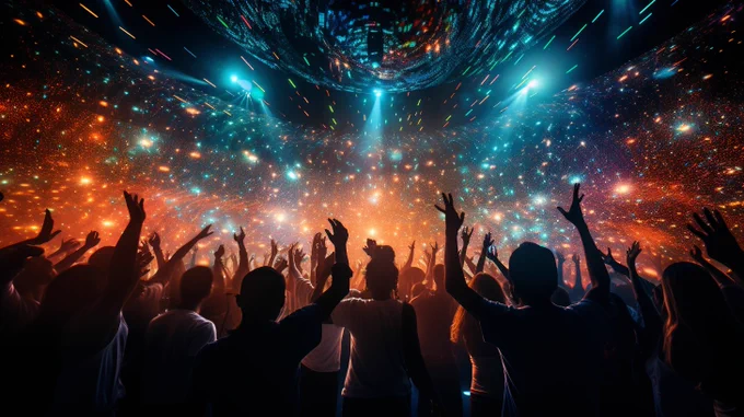 A weekend party, people dancing, weekendcore, dot matrix, music notes falling away, neon lights, luminous spheres --ar 16:9 --s 250