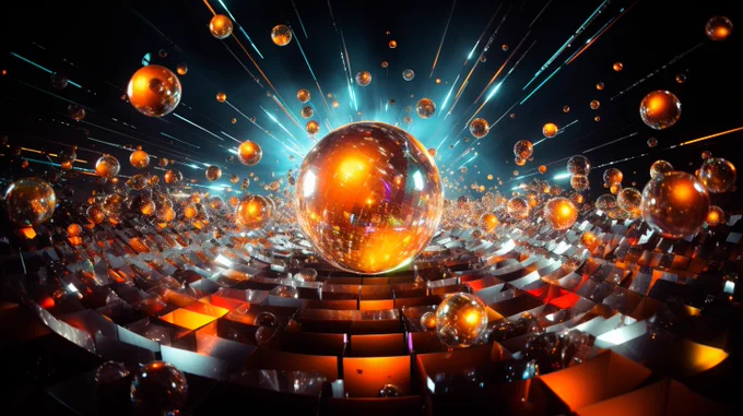 A weekend party, people dancing, weekendcore, dot matrix, music notes falling away, neon lights, luminous spheres --ar 16:9 --s 250