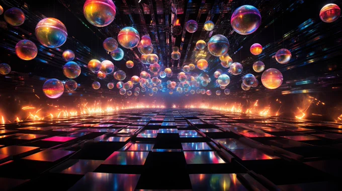 A weekend party, people dancing, weekendcore, dot matrix, music notes falling away, neon lights, luminous spheres --ar 16:9 --s 250