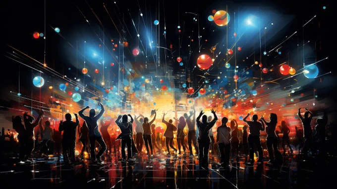 A weekend party, people dancing, weekendcore, dot matrix, music notes falling away, neon lights, luminous spheres --ar 16:9 --s 250