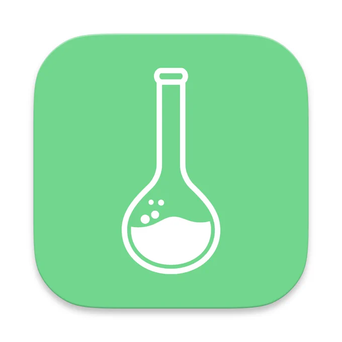 App icon with curved corners, light green background and a chemical flask drawn on it