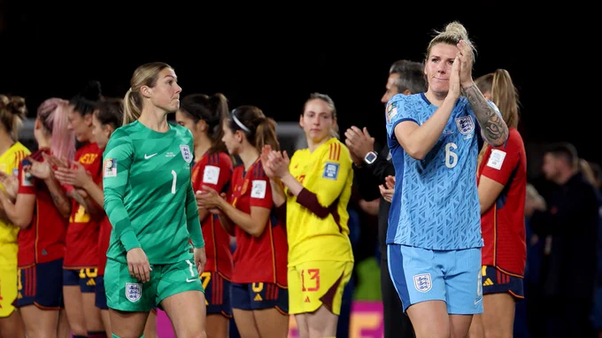 Millie Bright applauds the England fans after the final.