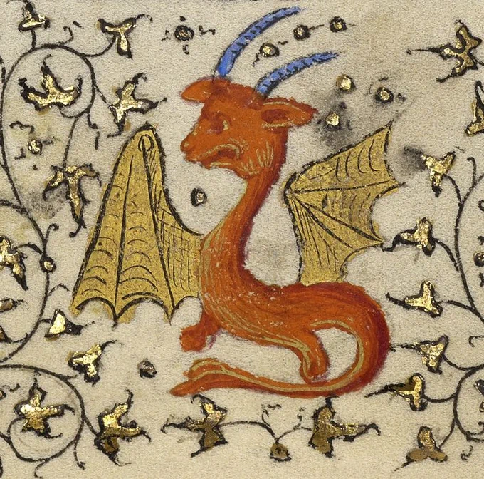 a medieval drawing of an orange dragon with a little body, big head, gold wings, and blue horns