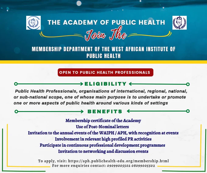 Applications for 2023 graded membership of @TheWaaph is now open to all public health professionals within & outside W/Africa.
https://pic.twitter.com/HWqdleAtgr
@WFPHA_FMASP @APHA @AfricaCDC @DrTedros @Lisdel @iphfonline @ohanyidof @Dr_NRC_Azodoh @KasoloFrancis @kizerbogeorgesa @dienekeita