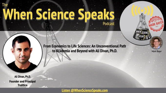 This is the cover art for this week's episode of the When Science Speaks podcast, which features scientist and entrepreneur Ali Divan, Ph.D.